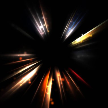 Işık huzmeleri ve parlayan parçacıkların kesiştiği güzel bir zemin. Canlı renkli ışıkların duvar kâğıdı. Parlak ışık görüntüsü.