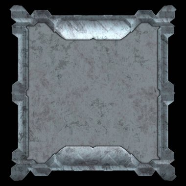 Gelecekçi tasarım şablonu. Metal paslı tabak menüsü. Teknoloji afişi beyaz arkaplanda izole edildi. Bilim kurgu elemanı grafiği. Metalik paslanmış 3 boyutlu illüstrasyon.  