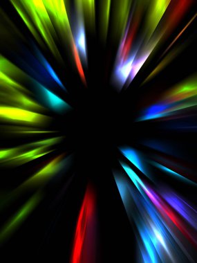 Siyah arkaplanda izole edilmiş dinamik ışık ışınları. Parlayan renkli ışık parçacıklarının grafiksel 2d çizimi.