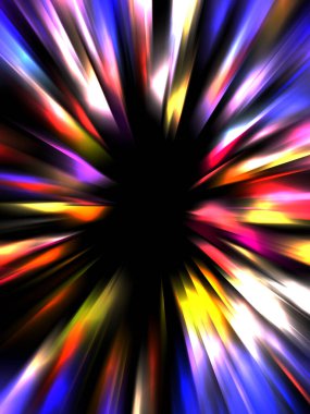 Siyah arkaplanda izole edilmiş dinamik ışık ışınları. Parlayan renkli ışık parçacıklarının grafiksel 2d çizimi.