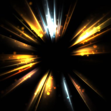 Işık huzmeleri ve parlayan parçacıkların kesiştiği güzel bir zemin. Canlı renkli ışıkların duvar kâğıdı. Parlak ışık görüntüsü.