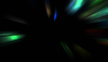 Siyah arkaplanda izole edilmiş dinamik ışık ışınları. Parlayan renkli ışık parçacıklarının grafiksel 2d çizimi.