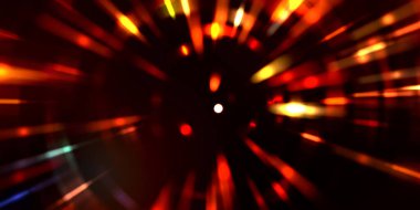 Parlayan ışıkları hareket ettirmenin havalı arka planı. Tasarımınız için canlı renkli bir portal şablonu. Işık ışınları ve hareket halindeki ışıldayan parçacıklar bir solucan deliği şekli oluşturuyor..