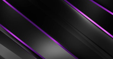 Metin için kopyalama alanı olan soyut siyah paneller. Üç boyutlu illüstrasyon. Renkli ışık özellikli koyu renk tasarım şablonu. Zarif geometrik parlak çizgili arka plan. Minimalist geometrik kapak grafiği.