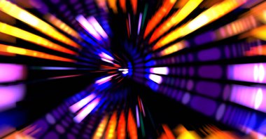 Siyah arkaplanda dönen ışık gösterisi. Lüks çizgiler. Parlak kıvrımlı duvar kağıdı. Uzay tüneli. Dönen ışık çemberi ya da maytap izi. Parlak konsept çizimi.