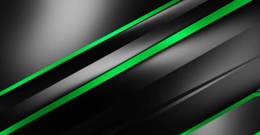 Metin için kopyalama alanı olan soyut siyah paneller. Üç boyutlu illüstrasyon. Renkli ışık özellikli koyu renk tasarım şablonu. Zarif geometrik parlak çizgili arka plan. Minimalist geometrik kapak grafiği.