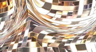 Metalik panel dokusunun 3 boyutlu çizimi. Renkli, parlak, soyut duvar kağıdı. Geometrik teknolojik parlak yansıtıcı arka plan. Yaratıcı parlak kavramsal arkaplan.