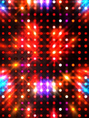 Parlayan ışıklar siyah arka planda parti izleri. Sahne veya stadyum ışıklarının dijital illüstrasyonu. Parlak desenli duvar kağıdı. Sahne ışıkları ile renkli ışıkların ihtişamlı arkaplanı.