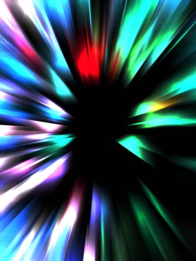 Siyah arkaplanda izole edilmiş dinamik ışık ışınları. Parlayan renkli ışık parçacıklarının grafiksel 2d çizimi.