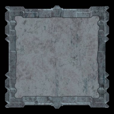 Gelecekçi tasarım şablonu. Metal paslı tabak menüsü. Teknoloji afişi beyaz arkaplanda izole edildi. Bilim kurgu elemanı grafiği. Metalik paslanmış 3 boyutlu illüstrasyon.  