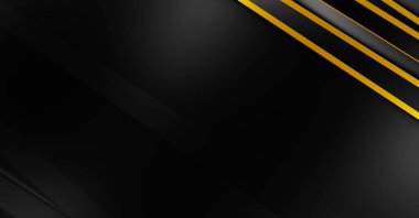 Metin için kopyalama alanı olan soyut siyah paneller. Üç boyutlu illüstrasyon. Renkli ışık özellikli koyu renk tasarım şablonu. Zarif geometrik parlak çizgili arka plan. Minimalist geometrik kapak grafiği.