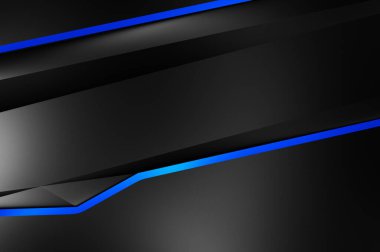 Metin için kopyalama alanı olan soyut siyah paneller. Üç boyutlu illüstrasyon. Renkli ışık özellikli koyu renk tasarım şablonu. Zarif geometrik parlak çizgili arka plan. Minimalist geometrik kapak grafiği.