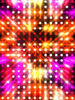 Parlayan ışıklar siyah arka planda parti izleri. Sahne veya stadyum ışıklarının dijital illüstrasyonu. Parlak desenli duvar kağıdı. Sahne ışıkları ile renkli ışıkların ihtişamlı arkaplanı.