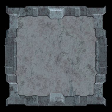 Gelecekçi tasarım şablonu. Metal paslı tabak menüsü. Teknoloji afişi beyaz arkaplanda izole edildi. Bilim kurgu elemanı grafiği. Metalik paslanmış 3 boyutlu illüstrasyon.  