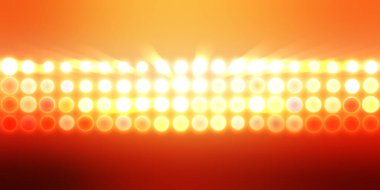 Parlak desenli duvar kağıdı. Sahne ışıkları olan renkli ışıkların ihtişamlı arkaplanı. Parlayan ışıklar siyah arka planda parti izleri. Sahne veya stadyum ışıklarının dijital illüstrasyonu. 