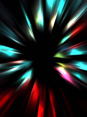 Siyah arkaplanda izole edilmiş dinamik ışık ışınları. Parlayan renkli ışık parçacıklarının grafiksel 2d çizimi.