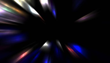 Siyah arkaplanda izole edilmiş dinamik ışık ışınları. Parlayan renkli ışık parçacıklarının grafiksel 2d çizimi.