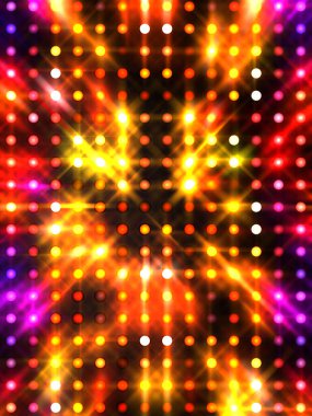 Parlayan ışıklar siyah arka planda parti izleri. Sahne veya stadyum ışıklarının dijital illüstrasyonu. Parlak desenli duvar kağıdı. Sahne ışıkları ile renkli ışıkların ihtişamlı arkaplanı.
