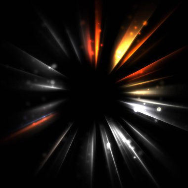 Işık huzmeleri ve parlayan parçacıkların kesiştiği güzel bir zemin. Canlı renkli ışıkların duvar kâğıdı. Parlak ışık görüntüsü.