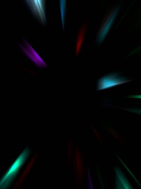 Siyah arkaplanda izole edilmiş dinamik ışık ışınları. Parlayan renkli ışık parçacıklarının grafiksel 2d çizimi.