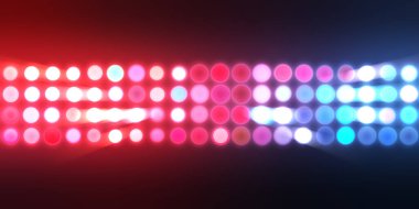 Parlak desenli duvar kağıdı. Sahne ışıkları olan renkli ışıkların ihtişamlı arkaplanı. Parlayan ışıklar siyah arka planda parti izleri. Sahne veya stadyum ışıklarının dijital illüstrasyonu. 