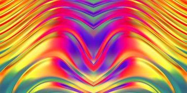 Renkli dalgalı yansıtıcı duvar kağıdının üç boyutlu çizimi. Duvar kağıdı, afiş, arkaplan, kart, kitap kapağı veya web sitesi için grafiksel illüstrasyon. Soyut parlak arkaplan.