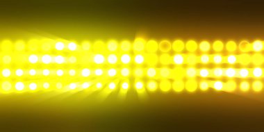 Parlak desenli duvar kağıdı. Sahne ışıkları olan renkli ışıkların ihtişamlı arkaplanı. Parlayan ışıklar siyah arka planda parti izleri. Sahne veya stadyum ışıklarının dijital illüstrasyonu. 