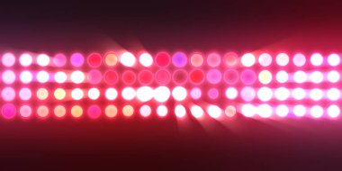 Parlak desenli duvar kağıdı. Sahne ışıkları olan renkli ışıkların ihtişamlı arkaplanı. Parlayan ışıklar siyah arka planda parti izleri. Sahne veya stadyum ışıklarının dijital illüstrasyonu. 