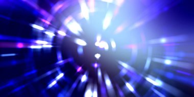 Parlayan ışıkları hareket ettirmenin havalı arka planı. Tasarımınız için canlı renkli bir portal şablonu. Işık ışınları ve hareket halindeki ışıldayan parçacıklar bir solucan deliği şekli oluşturuyor..