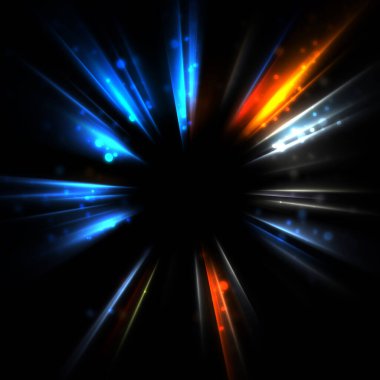 Işık huzmeleri ve parlayan parçacıkların kesiştiği güzel bir zemin. Canlı renkli ışıkların duvar kâğıdı. Parlak ışık görüntüsü.