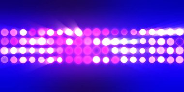 Parlak desenli duvar kağıdı. Sahne ışıkları olan renkli ışıkların ihtişamlı arkaplanı. Parlayan ışıklar siyah arka planda parti izleri. Sahne veya stadyum ışıklarının dijital illüstrasyonu. 