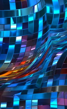 Metalik panel dokusunun 3 boyutlu çizimi. Renkli, parlak, soyut duvar kağıdı. Geometrik teknolojik parlak yansıtıcı arka plan. Yaratıcı parlak kavramsal arkaplan.