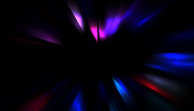 Siyah arkaplanda izole edilmiş dinamik ışık ışınları. Parlayan renkli ışık parçacıklarının grafiksel 2d çizimi.
