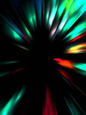 Siyah arkaplanda izole edilmiş dinamik ışık ışınları. Parlayan renkli ışık parçacıklarının grafiksel 2d çizimi.