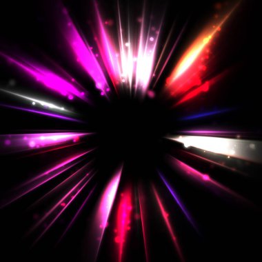 Işık huzmeleri ve parlayan parçacıkların kesiştiği güzel bir zemin. Canlı renkli ışıkların duvar kâğıdı. Parlak ışık görüntüsü.