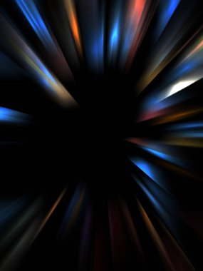 Siyah arkaplanda izole edilmiş dinamik ışık ışınları. Parlayan renkli ışık parçacıklarının grafiksel 2d çizimi.