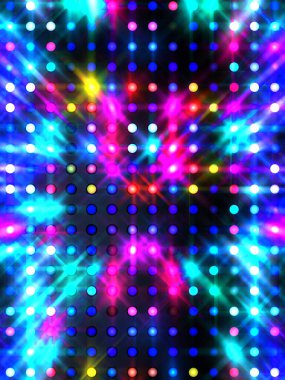 Parlayan ışıklar siyah arka planda parti izleri. Sahne veya stadyum ışıklarının dijital illüstrasyonu. Parlak desenli duvar kağıdı. Sahne ışıkları ile renkli ışıkların ihtişamlı arkaplanı.
