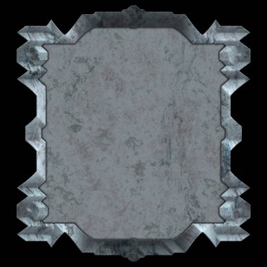 Gelecekçi tasarım şablonu. Metal paslı tabak menüsü. Teknoloji afişi beyaz arkaplanda izole edildi. Bilim kurgu elemanı grafiği. Metalik paslanmış 3 boyutlu illüstrasyon.  