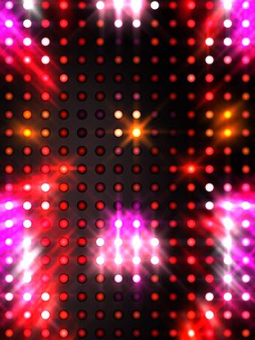 Parlayan ışıklar siyah arka planda parti izleri. Sahne veya stadyum ışıklarının dijital illüstrasyonu. Parlak desenli duvar kağıdı. Sahne ışıkları ile renkli ışıkların ihtişamlı arkaplanı.