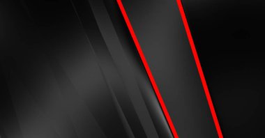 Metin için kopyalama alanı olan soyut siyah paneller. Üç boyutlu illüstrasyon. Renkli ışık özellikli koyu renk tasarım şablonu. Zarif geometrik parlak çizgili arka plan. Minimalist geometrik kapak grafiği.