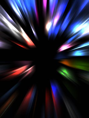 Siyah arkaplanda izole edilmiş dinamik ışık ışınları. Parlayan renkli ışık parçacıklarının grafiksel 2d çizimi.