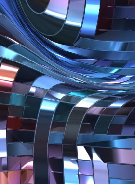 Metalik panel dokusunun 3 boyutlu çizimi. Renkli, parlak, soyut duvar kağıdı. Geometrik teknolojik parlak yansıtıcı arka plan. Yaratıcı parlak kavramsal arkaplan.