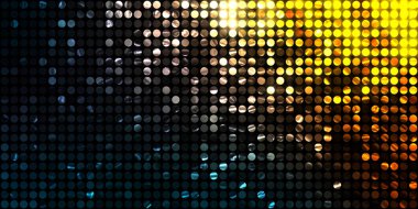 Parlayan ışıklar siyah arka planda parti izleri. Sahne veya stadyum ışıklarının dijital illüstrasyonu. Parlak desenli duvar kağıdı. Sahne ışıkları ile renkli ışıkların ihtişamlı arkaplanı.