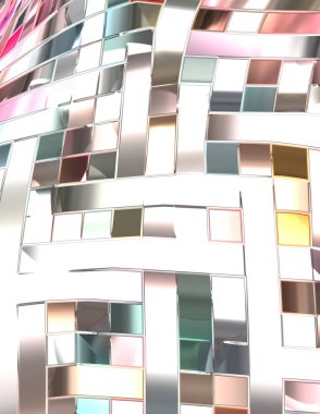 Metalik panel dokusunun 3 boyutlu çizimi. Renkli, parlak, soyut duvar kağıdı. Geometrik teknolojik parlak yansıtıcı arka plan. Yaratıcı parlak kavramsal arkaplan.