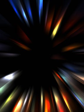 Siyah arkaplanda izole edilmiş dinamik ışık ışınları. Parlayan renkli ışık parçacıklarının grafiksel 2d çizimi.