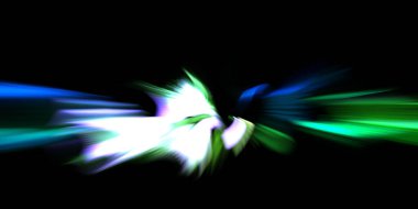 Güzel canlı renklerle enerji patlaması. Siyah arkaplanda izole edilmiş dinamik ışık ışınları. Parlayan renkli ışık parçacıklarının grafiksel 2D çizimi. Parlak tasarım şablonu.