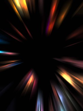 Siyah arkaplanda izole edilmiş dinamik ışık ışınları. Parlayan renkli ışık parçacıklarının grafiksel 2d çizimi.