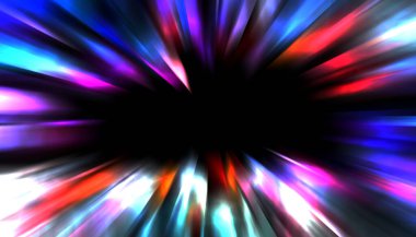 Siyah arkaplanda izole edilmiş dinamik ışık ışınları. Parlayan renkli ışık parçacıklarının grafiksel 2d çizimi.