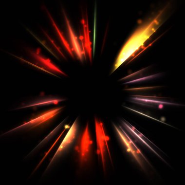 Işık huzmeleri ve parlayan parçacıkların kesiştiği güzel bir zemin. Canlı renkli ışıkların duvar kâğıdı. Parlak ışık görüntüsü.