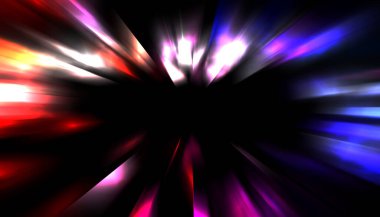 Siyah arkaplanda izole edilmiş dinamik ışık ışınları. Parlayan renkli ışık parçacıklarının grafiksel 2d çizimi.